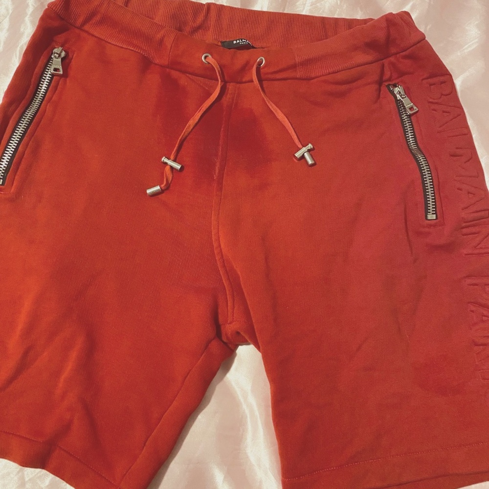 Large Balmain Red Cotton Shorts With Embossed Logo